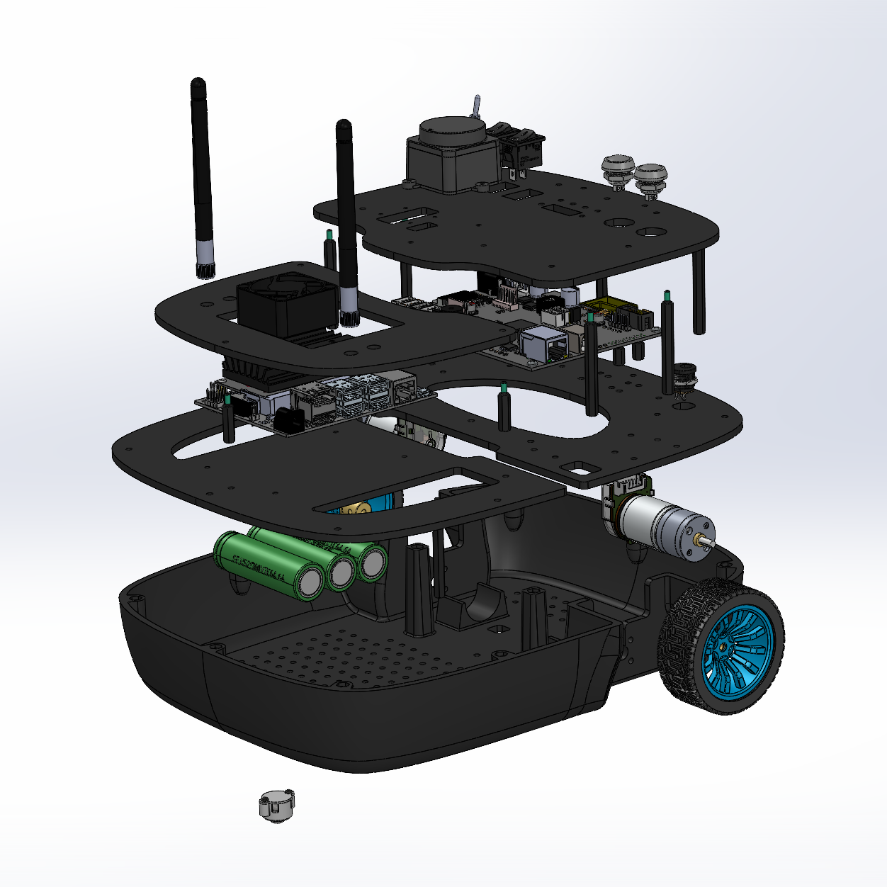 Exploded CAD view of the modular Lenna robot showing its three-layer construction